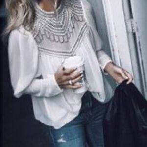 ASOS eggshell mother of pearl &silver Embroidered Boho Long Sleeve Blouse